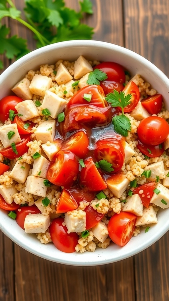 A colorful chicken quinoa salad with vegetables and pepper jelly dressing in a rustic bowl on a wooden table.